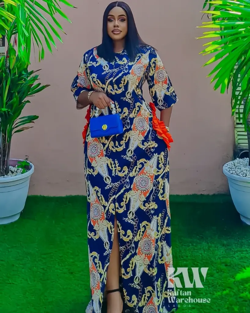 [KW-FG-HELENA-NVO-M] Helena Waist Cincher Maxi Dress (M, Navy Blue/Orange)